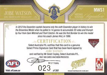 2013 Select Prime AFL - Medal Signatures #MWS1 Jobe Watson Back